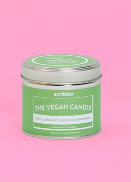<ul>    <li>Smells like avocados and arrogance!</li>    <li>Natural soy wax candle</li>    <li>40-hour burn</li>    <li>Cheeky gift for a vegan</li>    <li>Smugness not included, sense of humour required</li></ul><p>If you could capture the self-righteous essence of a vegan and put it in a candle this would be it! Stay safely in your vegan bubble with this natural and soothing soy candle and repel any evil meat-eaters from your orbit.</p><p>Use this jokey gift to poke fun at a friend who might explode if they don&rsquo;t tell you they&rsquo;re a vegan at least 10 times a day. The Vegan Candle comes in a smart, novelty tin and is very green and sustainable (obvs) with approximately 40 hours' worth of burn!</p>